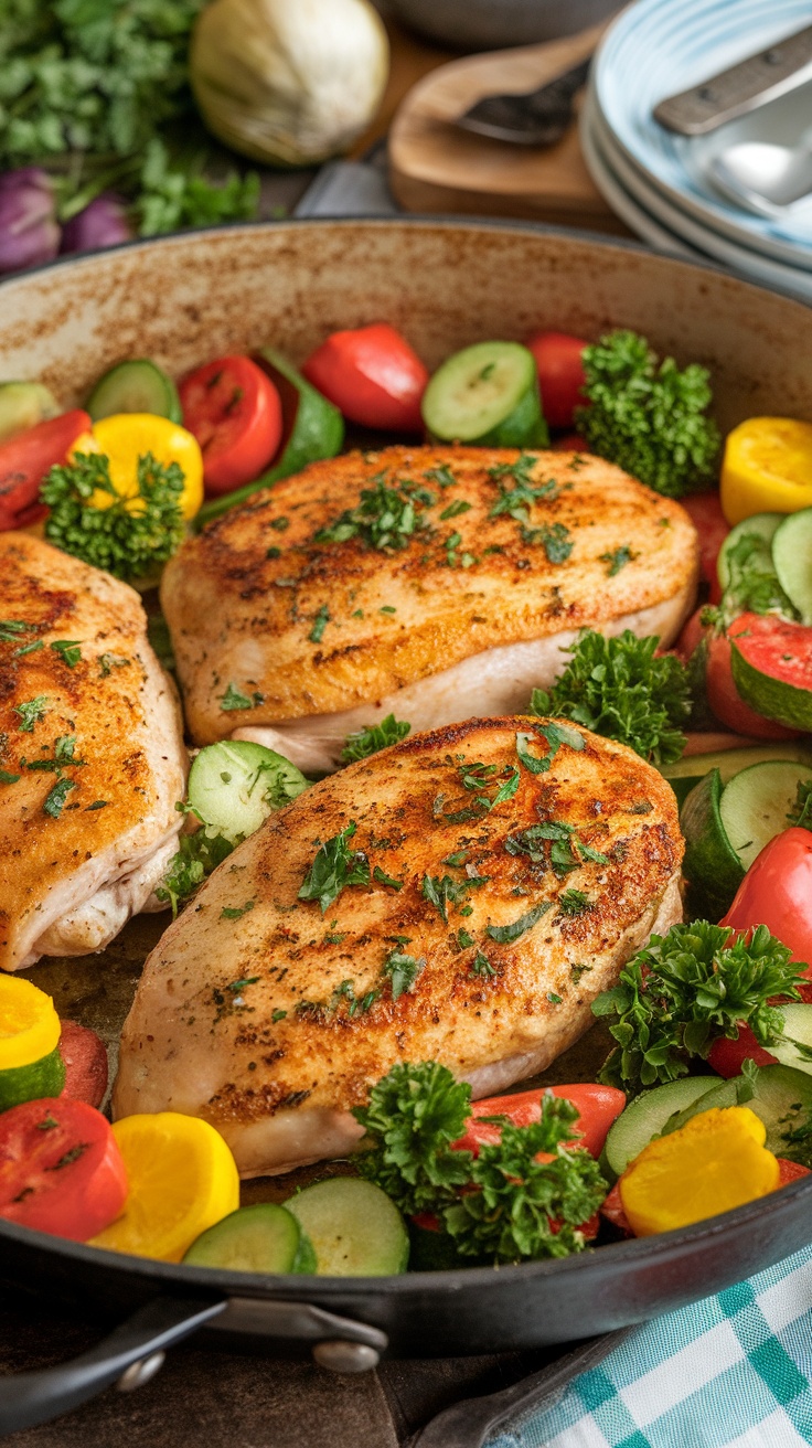 One-Pan Garlic Butter Chicken with Seasonal Vegetables One-pan garlic butter chicken with vegetables in a skillet, garnished with parsley.