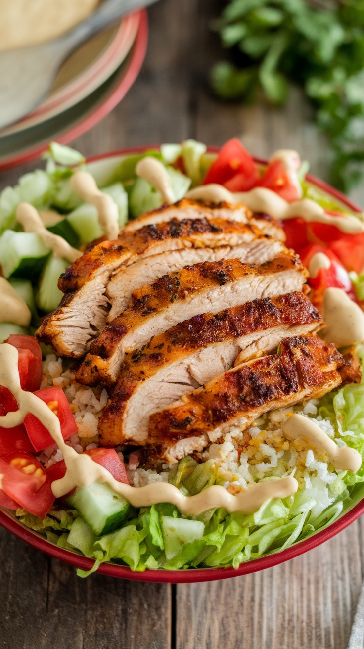 Low-Carb Chicken Shawarma Bowl with Tahini Dressing A vibrant Chicken Shawarma Bowl with grilled chicken, fresh vegetables, tahini dressing, served on a rustic wooden table.