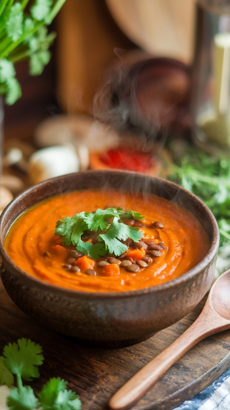 Spiced Carrot & Lentil Soup Recipe A bowl of spiced carrot and lentil soup, garnished with cilantro, on a rustic table.