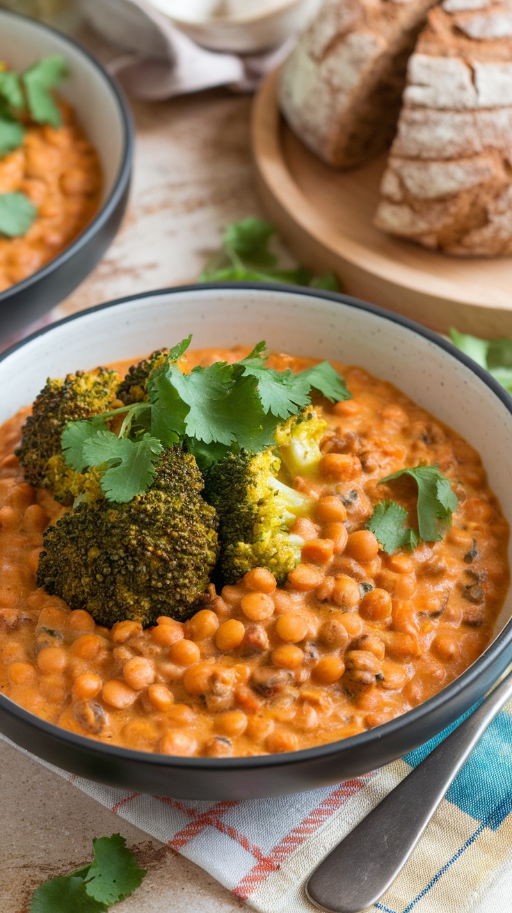 Creamy Coconut Curry Lentils with Steamed Broccoli A colorful bowl of coconut curry lentils with steamed broccoli and cilantro on a rustic table.