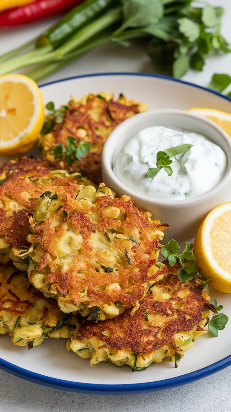 Crispy Zucchini Chickpea Fritters with Tangy Greek Yogurt Dip Golden zucchini chickpea fritters on a plate with Greek yogurt dip and lemon slices.