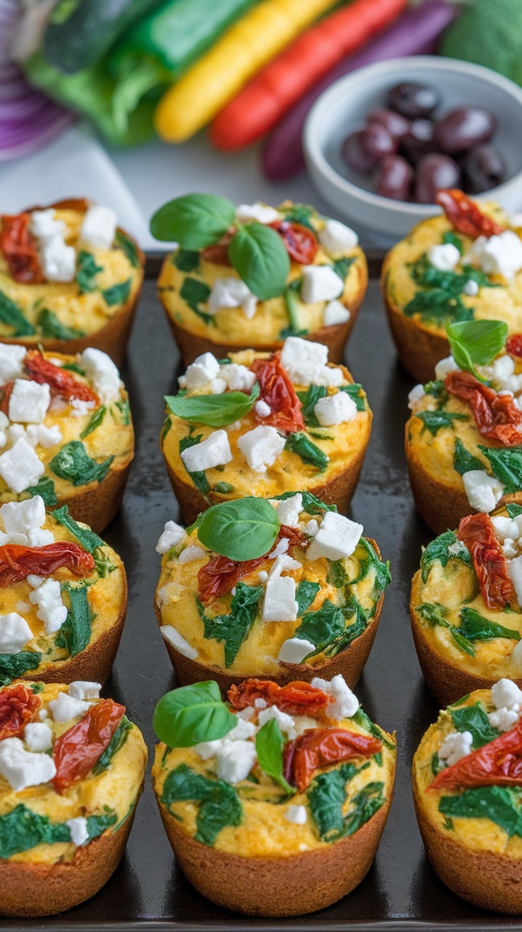 Mediterranean Egg Muffins with Spinach, Feta & Sun-Dried Tomato A tray of egg muffins with spinach, feta, and sun-dried tomatoes, garnished with herbs, on a rustic table.