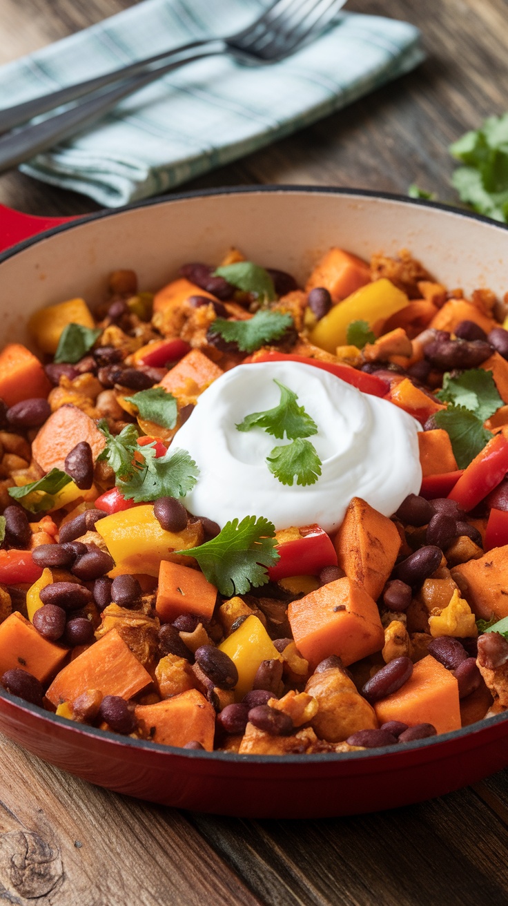 Southwestern Sweet Potato and Black Bean Skillet Hash A vibrant skillet hash with sweet potatoes, black beans, and bell peppers topped with Greek yogurt and cilantro.