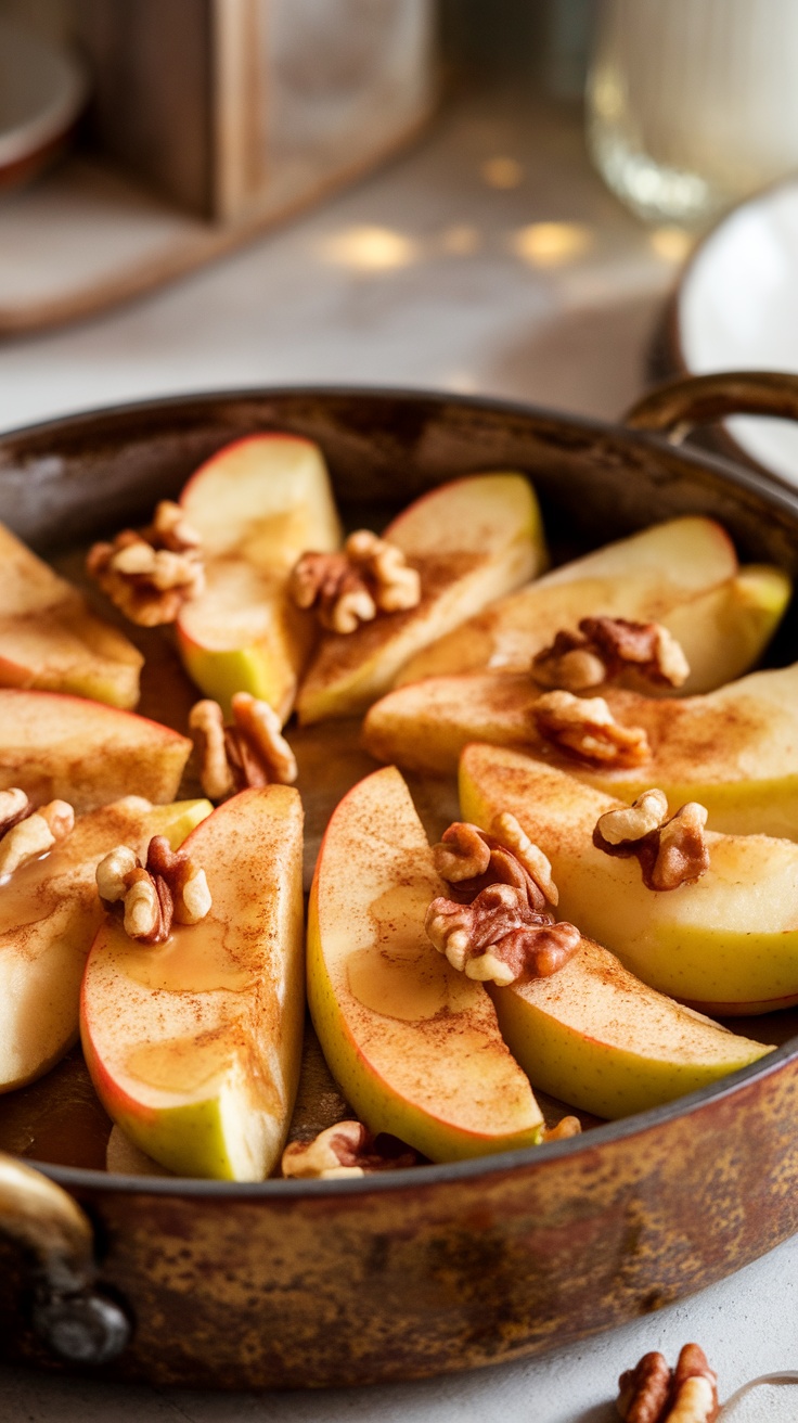 Cinnamon Baked Apple Slices with Walnuts Baked apple slices with walnuts and cinnamon in a rustic dish, drizzled with maple syrup.
