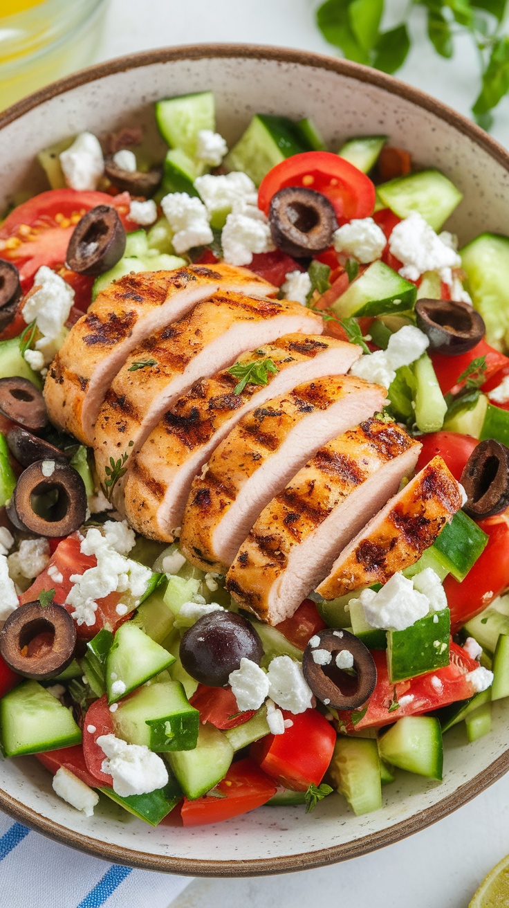 Vibrant Mediterranean Chopped Salad with Grilled Chicken A vibrant Mediterranean salad with cucumbers, tomatoes, olives, feta, and grilled chicken in a bowl, garnished with lemon slices.