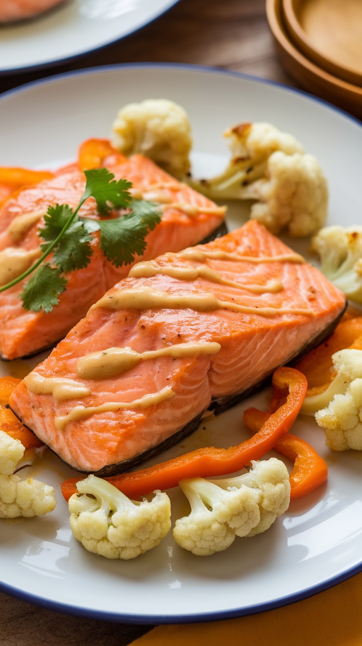 Oven-baked salmon glazed with ginger-tahini sauce, served with roasted cauliflower and bell peppers on a white plate.
