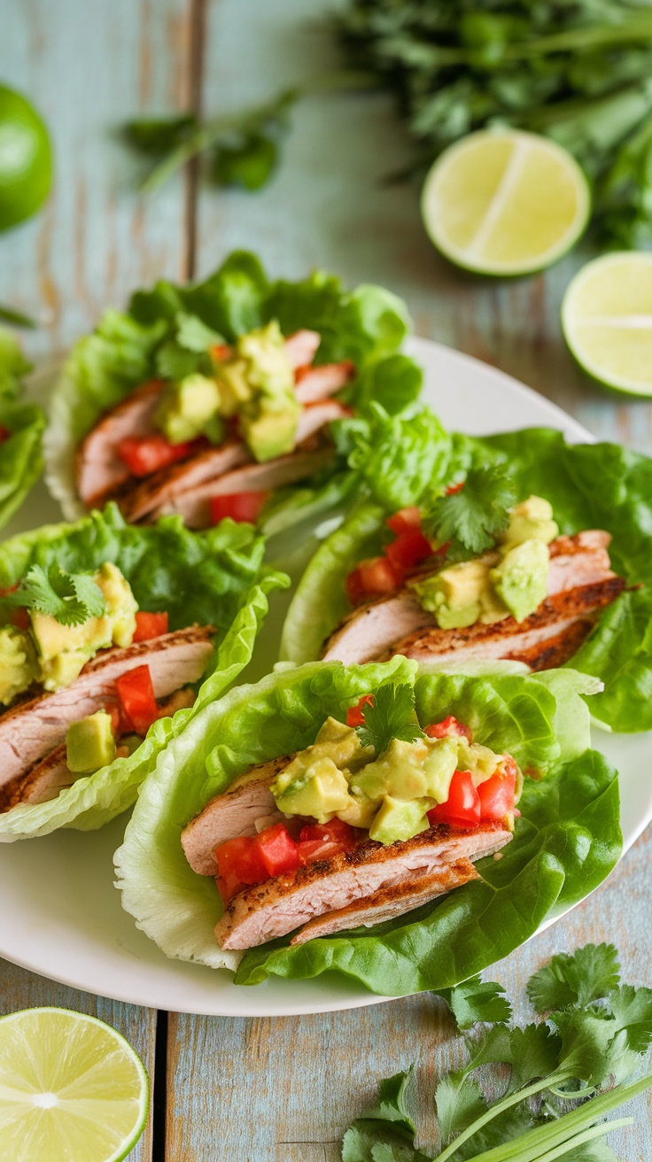 Lettuce-Wrapped Turkey Tacos with Creamy Avocado Salsa Lettuce-wrapped turkey tacos filled with turkey, avocado salsa, and garnished with cilantro on a rustic table.