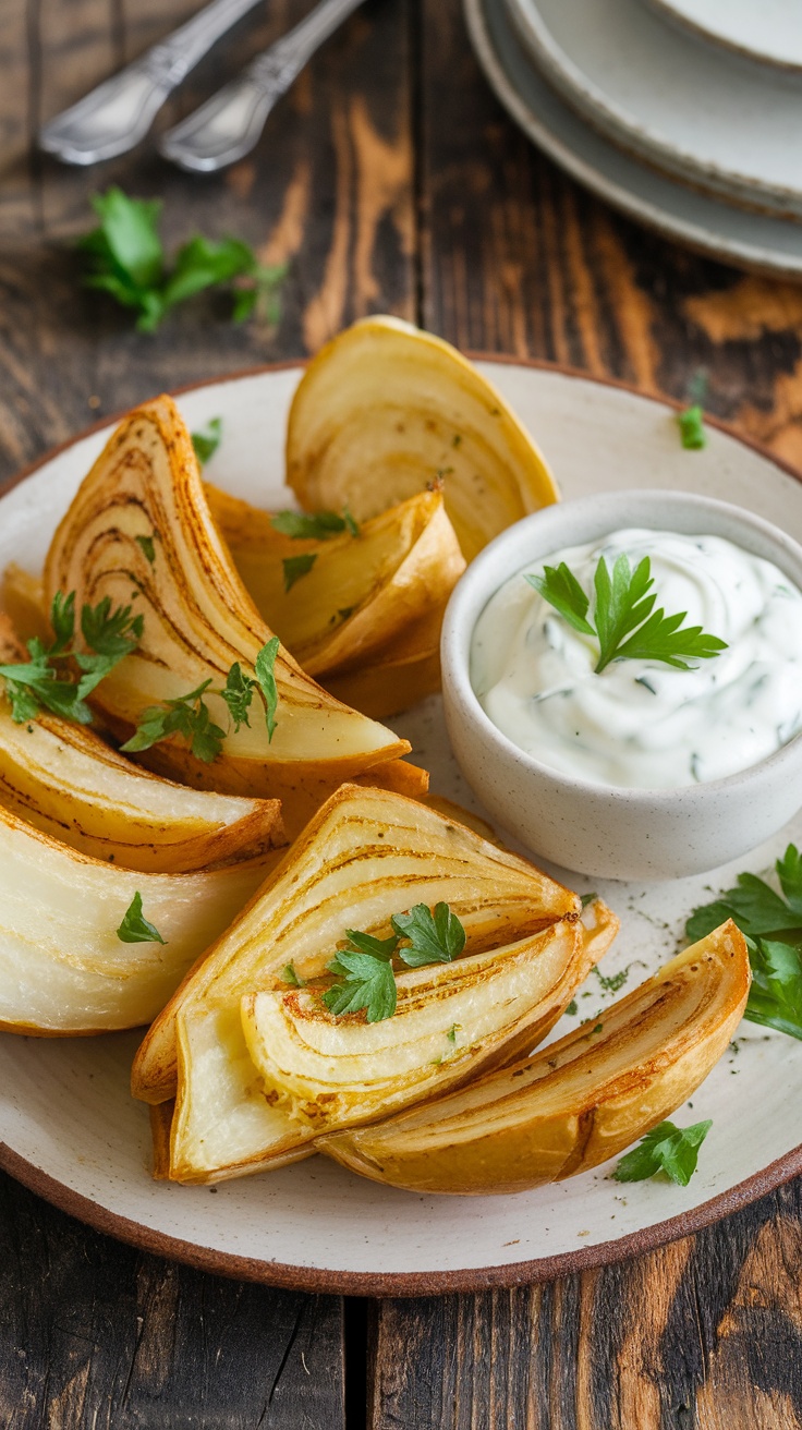 Crispy Roasted Turnip Wedges with Garlic Aioli Crispy roasted turnip wedges with garlic aioli on a rustic table, garnished with parsley.