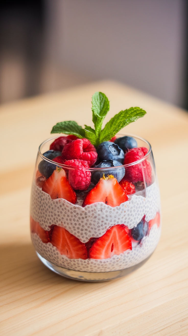 Delicious Berry Chia Seed Pudding Recipe Berry chia seed pudding layered with fresh berries in a glass, garnished with mint.