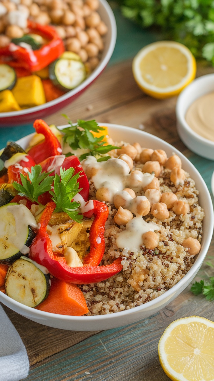 Hearty Quinoa & Chickpea Power Bowl with Zesty Lemon-Tahini Dressing A wholesome quinoa and chickpea power bowl with roasted vegetables, lemon-tahini dressing, and fresh parsley on a rustic table.