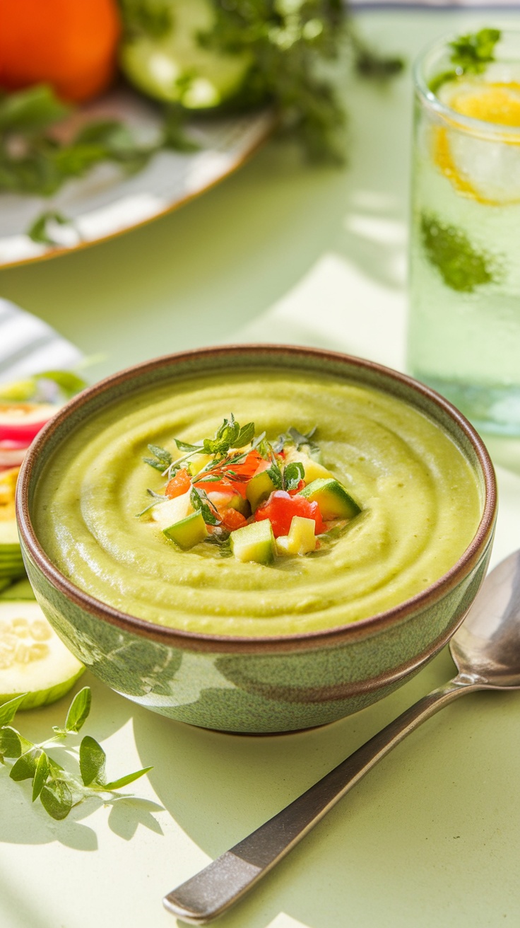Chilled Cucumber Avocado Gazpacho Recipe Chilled cucumber avocado gazpacho in a bowl, garnished with herbs and vegetables, set on a bright outdoor table.