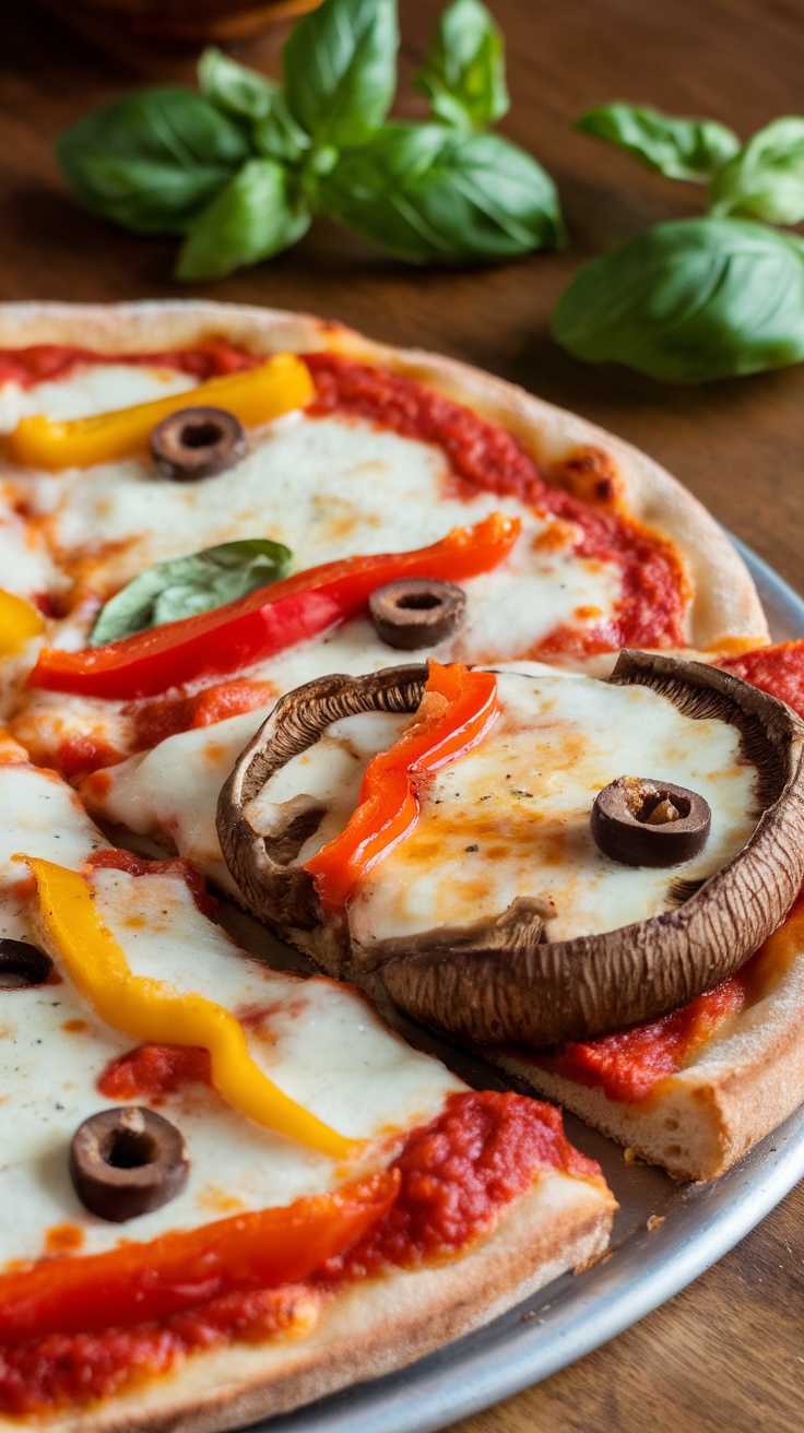 Delicious Portobello Mushroom Pizzas A portobello mushroom pizza with cheese, veggies, and marinara sauce on a rustic wooden table.