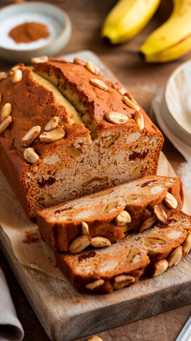 Moist Almond Flour Banana Bread (No Added Sugar) Sliced almond flour banana bread on a wooden board, showing moist texture with banana pieces and nuts.