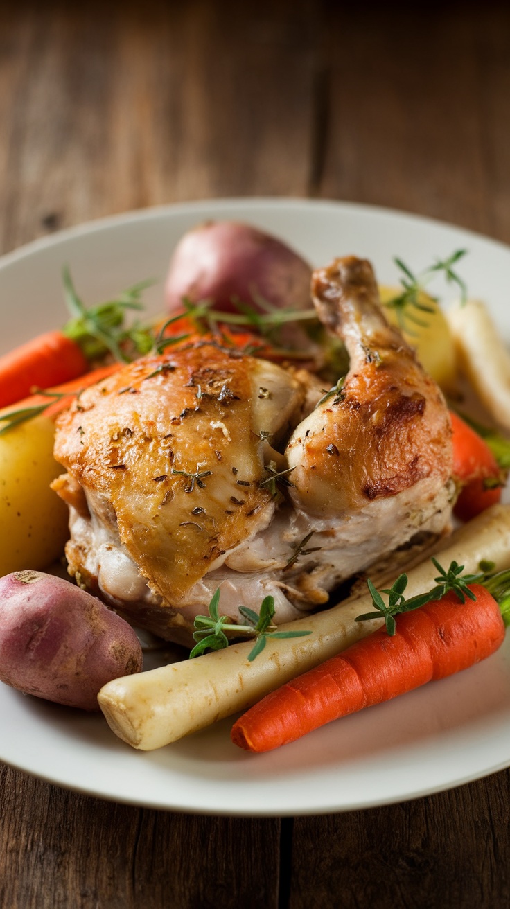 Herb-Roasted Chicken with Root Vegetables Herb-roasted chicken with root vegetables on a white plate, garnished with herbs, served on a rustic table.