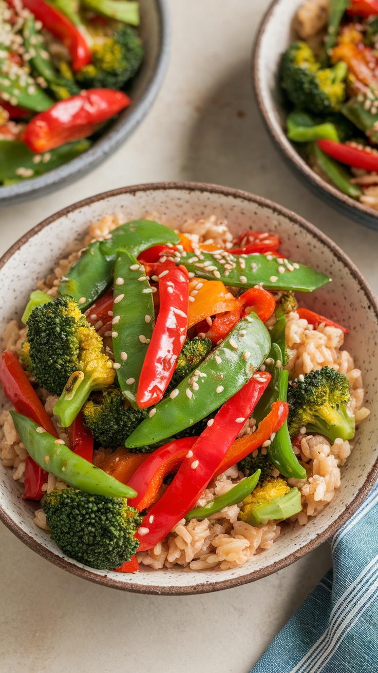 Quick and Healthy Diabetic-Friendly Vegetable Stir-Fry with Brown Rice A healthy vegetable stir-fry with brown rice and colorful vegetables in a rustic bowl.