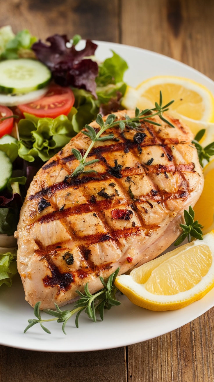 Grilled lemon herb chicken breast on a white plate with salad, garnished with herbs and lemon slices.