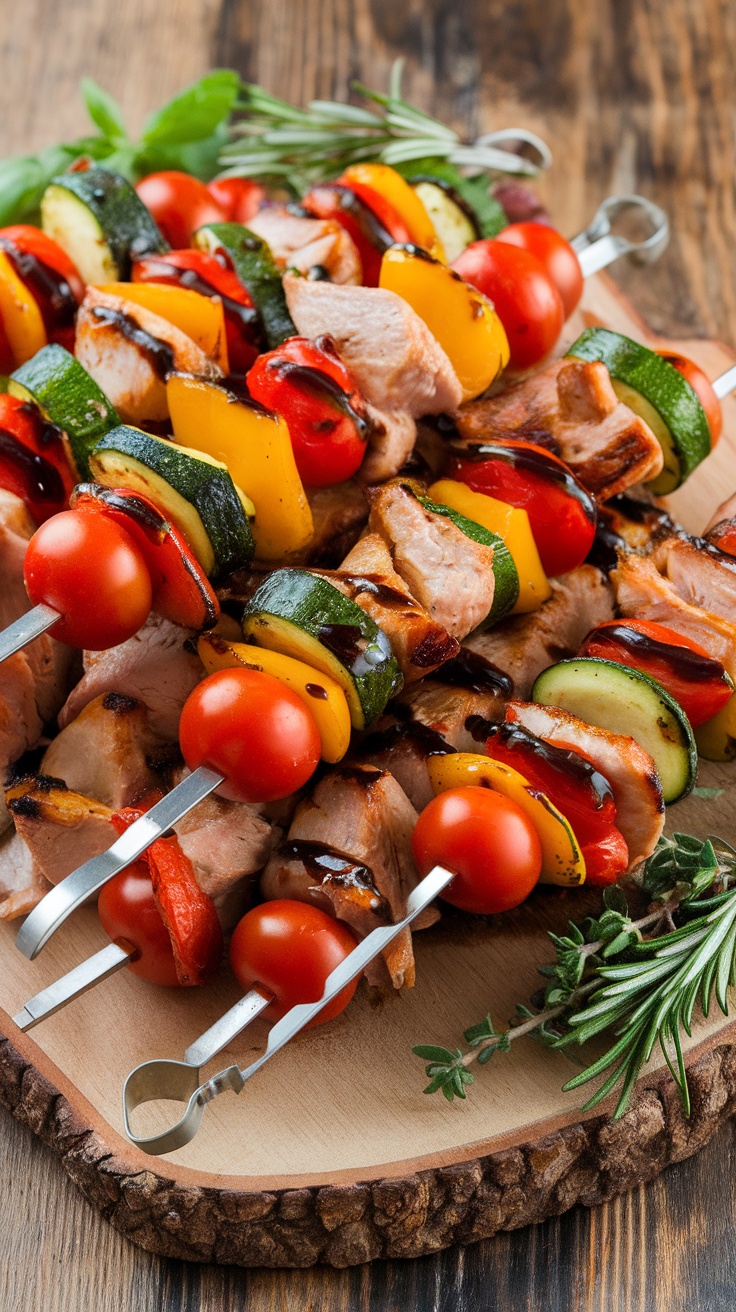 Grilled Turkey and Vegetable Skewers with Balsamic Glaze Grilled turkey and vegetable skewers with balsamic glaze on a wooden platter, garnished with herbs.